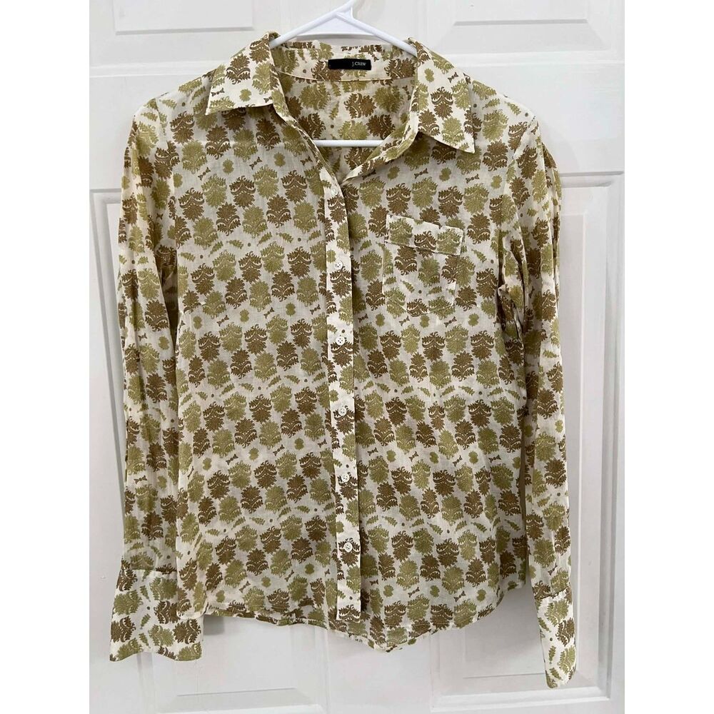J Crew 100% Cotton Green Brown Print Button Top Blouse Size Small Lightweight